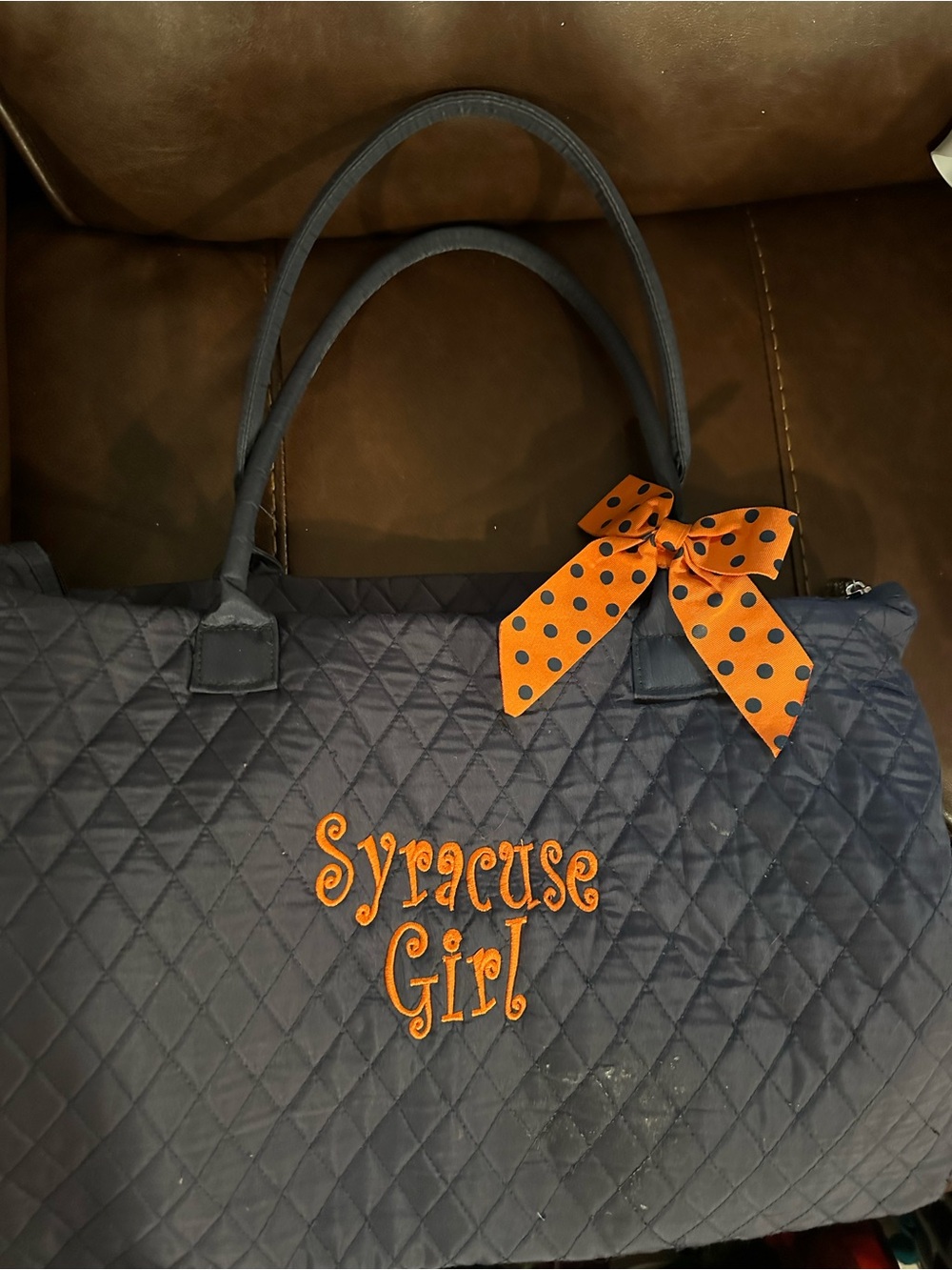 Syracuse Girl Quilted Tote Bag in Navy with Orange Accent